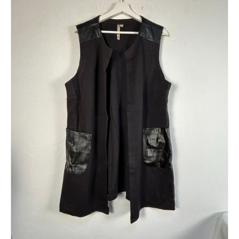 Comfy USA Womens Open Front Cardigan Sweater Vest XL Black Faux Leather Accents
